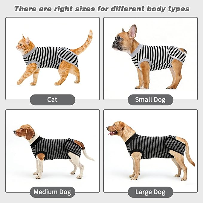2 Packs Breathable Cotton Dog Recovery Suit for After Neuter Spay Abdominal Wounds Protector, Professional Anti-Licking Onesies for Male Female Pets Surgery Bandages, M Striped Black Grey