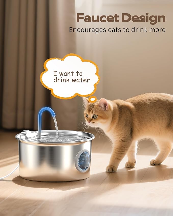 Pet Water Fountain Stainless Steel: Mental Cat Water Fountains with 8 Filters + 8 Sponges - 88oz/2.6L Noiseless Cats Waterer Bowl Dispenser - ATMZIQXR Kitten Drinking Fountains for Cats Indoor