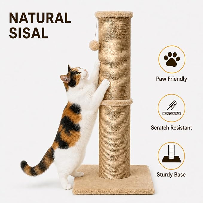 PAWSCRAT 32-Inch Tall Cat Scratching Post, 5.5-Inch Diameter, Sisal, Yellow | Natural Sisal Scratching Surface with a Dangling Ball for Indoor Cats, Scratch-Resistant Durable and Protect Your Furniture