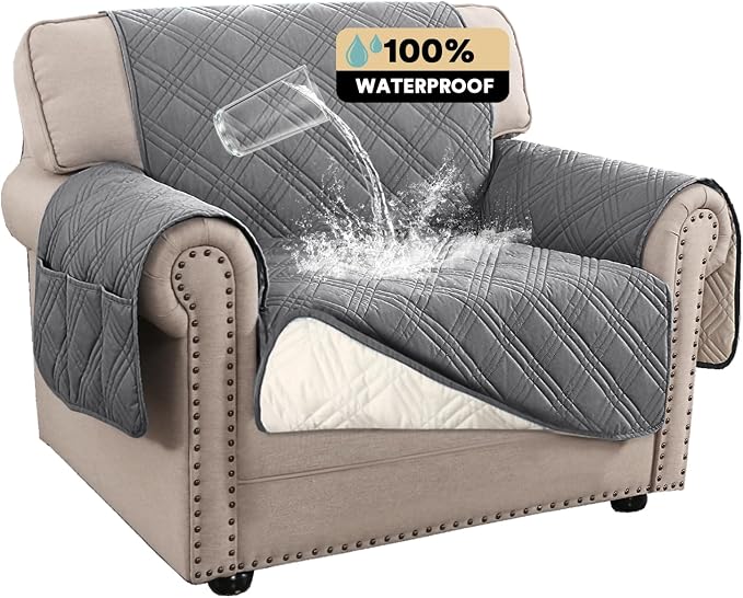 100% Waterproof Chair Sofa Slipcover for Living Room Water Resistant Couch Cover Furniture Protector Cover with Elastic Straps for Pets Kids Children Dog Cat(Chair 23", Grey)