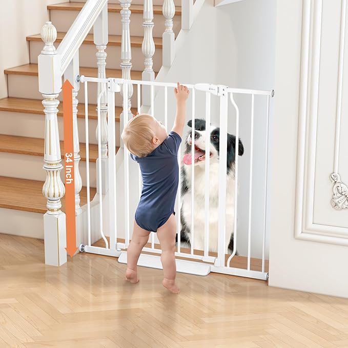 34" Tall Baby Gate No Drilling, Auto Close Dog Gate Indoor, White | for Doorways & Stairs, Pressure Mounted 29"-40" Wide Pet Gate, Easy Walk Through Stair Gate for Baby & Pet Stroller Friendly