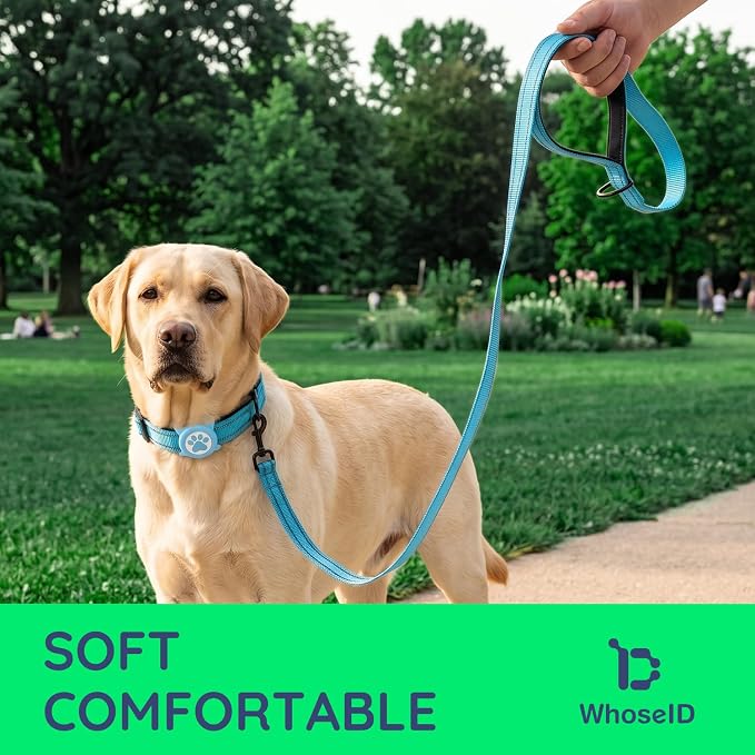Airtag Dog Collar and Leash Set,Reflective Ultra-Durable Nylon Padded with QR Buckle & IP68 Waterproof Air Tag Holder Compatible for Apple AirTag, Comfortable for Small Medium Large Dogs (Blue Set,M)