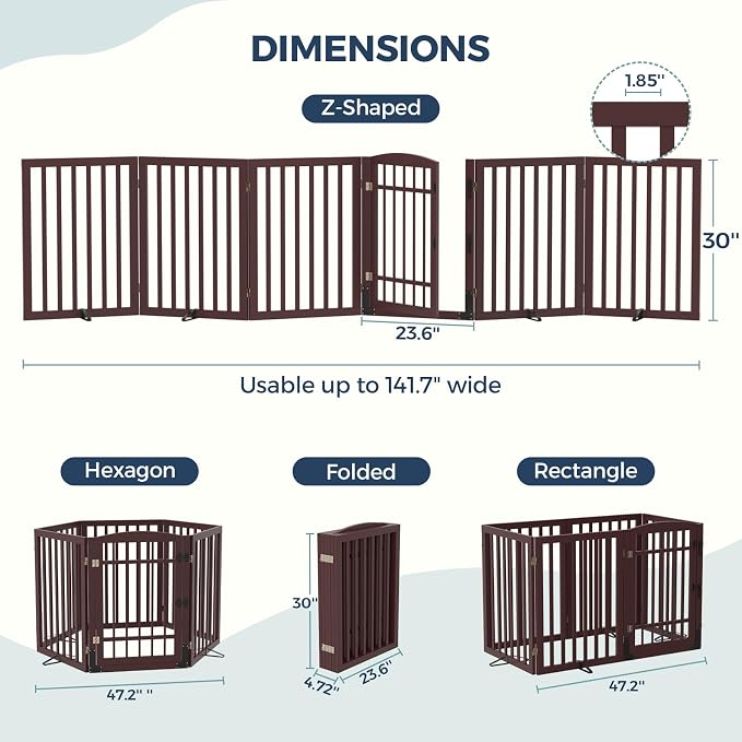 Homykic Dog Gate Indoor, 142" W x 30" H Extra Wide Foldable Bamboo Pet Gate with Door, No Assembly Freestanding Dog Fence with 2 Support Feet & 360°Hinges for Doorways Hallways (Espresso, 6 Panels)