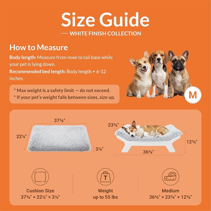 Muihood Elevated Wooden Dog Bed with Foam Mattress, White, Medium | Raised Dog Bed with Washable Cover, Supportive Foam Mattress, Perfect for Medium Dogs and Indoor Living