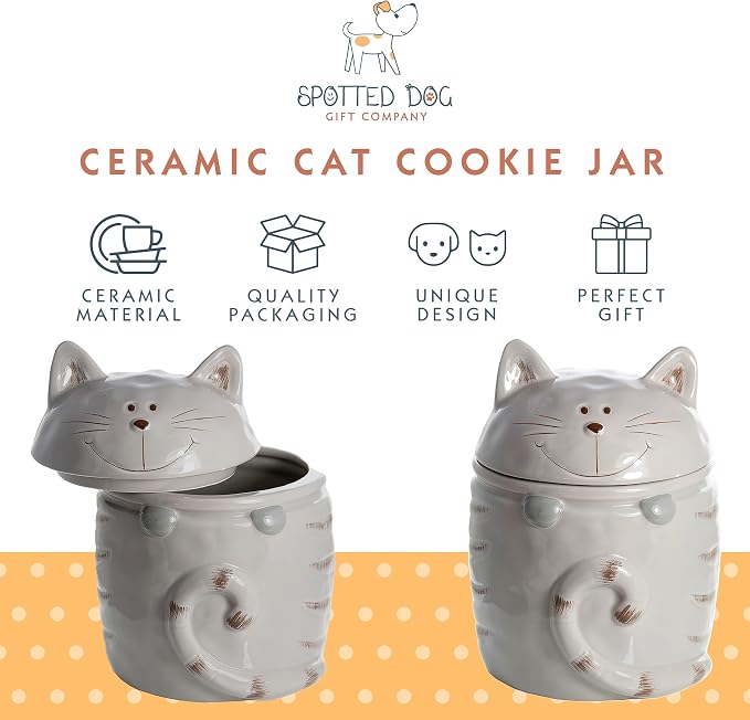 SPOTTED DOG GIFT COMPANY Ceramic Cookie Jar with Lid, Large Cat Treat Container for Cookies & Biscuits, Cute Novelty Kitchen Storage for Countertop, Gifts for Cat Lovers - 47oz Gray
