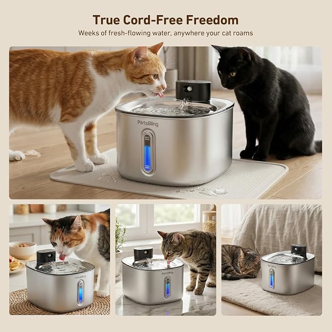 PartsBling Stainless Steel Cat Water Fountain, 4.2L/142 oz | Cordless Pet Water Fountain with Sensor, 5000mAh Rechargeable Battery, Ultra Quiet, 4 Filters, for Cats & Small Dogs, Black