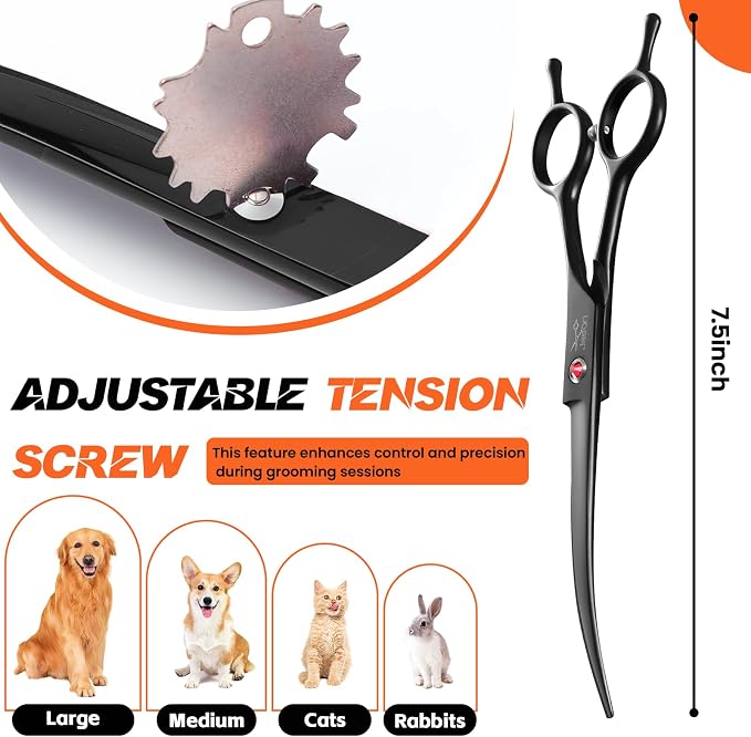 JASON Curved Dog Grooming Scissor - 7" Professional Down-curved Shears | Black, Ergonomic Handle, Japanese Stainless Steel, for Cats and Other Pets, Sharp, Gift