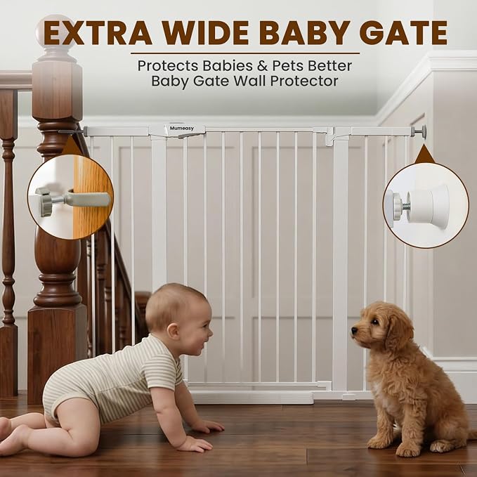 Mumeasy 36" Extra Tall Baby Gate for Stairs, 29.7-48" Wide Dog Gate for Doorways, Walk Thru Pet Safety Gate for Indoor, Pressure Mounted with Auto Close, Easy Install No Drill for Toddlers, White