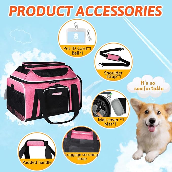Petskd Top-Expandable Small Pet Carrier 18"x11"x11" Airline Approved | for Delta/American/United Airlines, Lockable Safety Zippers and Anti-Scratch Mesh, Soft-Sided, Pets Under 10 Lbs, Pink