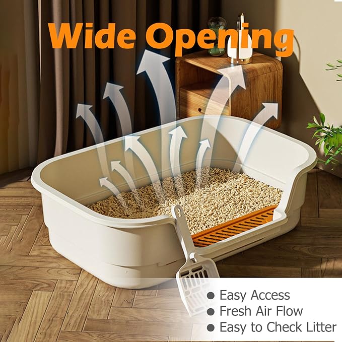Extea Large Cat Litter Box with High Sides,Cat Boxes for Indoor Cats,Cat Litter Pan for Kitty,Litter Box with Low Entry,Easy to Clean,Anti-Splashing,23.6" x15.7" x6.2" (White)