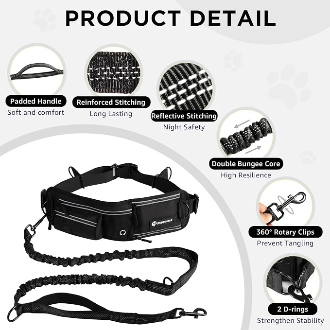 Hands Free Dog Leash with Waist Pack Bungee for Running Black | 4 Metal Clips, Reflective Stitching, Shock Absorbing Bungee, Adjustable Waist Belt, 28 to 48 Inch Fit, Zippered Pockets