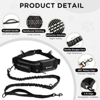 Hands Free Dog Leash with Waist Pack Bungee for Running Black | 4 Metal Clips, Reflective Stitching, Shock Absorbing Bungee, Adjustable Waist Belt, 28 to 48 Inch Fit, Zippered Pockets