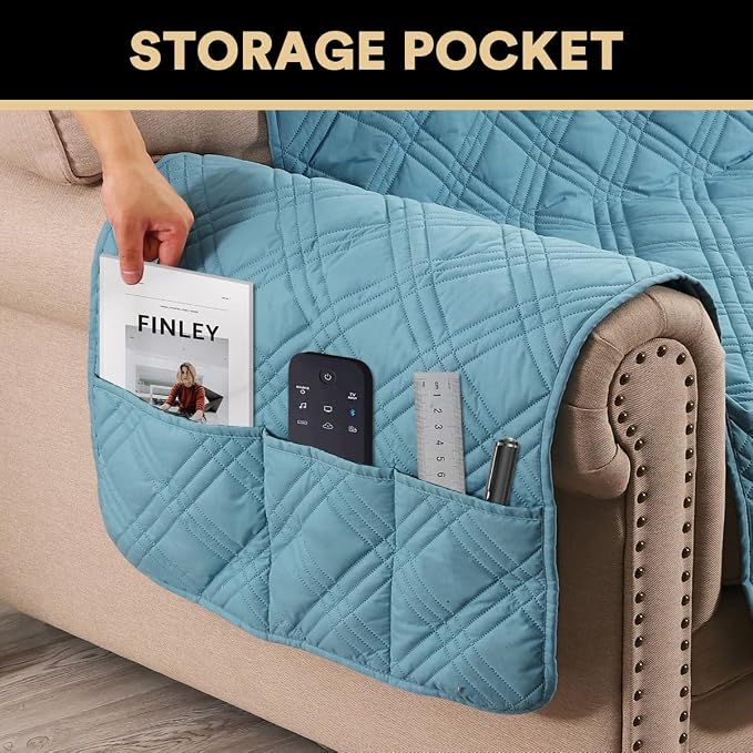 100% Waterproof Chair Sofa Slipcover for Living Room Water Resistant Couch Cover Furniture Protector Cover with Elastic Straps for Pets Kids Children Dog Cat(Chair 23", Smoke Blue)
