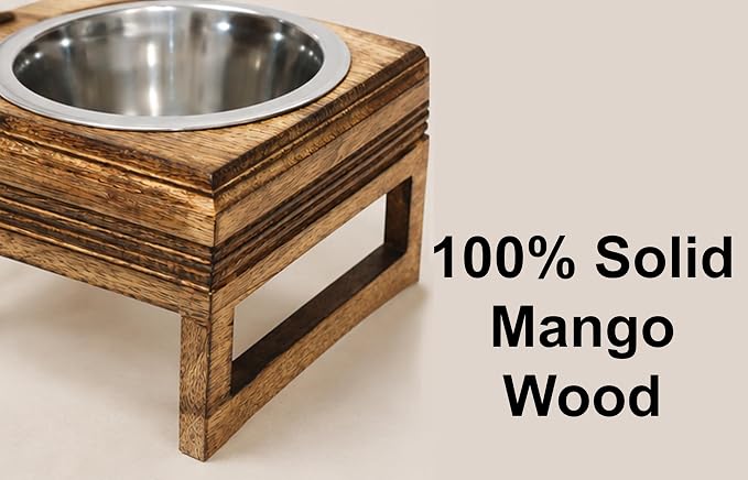 Croft&Cane Wooden Elevated Pet Feeder with 2 Steel Bowls - Natural Brown | Raised Dog Bowls for Small & Medium Pets – Solid Wood Handcrafted Fluted Design Feeding Station for Dogs & Cats - 15x8x5 Inch
