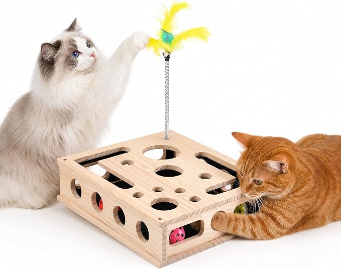 Cat Toys for Indoor Cats – Interactive Wooden Puzzle Box | with Nail File Scratcher, 3 Jingle Balls & Feather Wand, Hunting Play Toy for Bored Felines