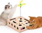 Cat Toys for Indoor Cats – Interactive Wooden Puzzle Box | with Nail File Scratcher, 3 Jingle Balls & Feather Wand, Hunting Play Toy for Bored Felines