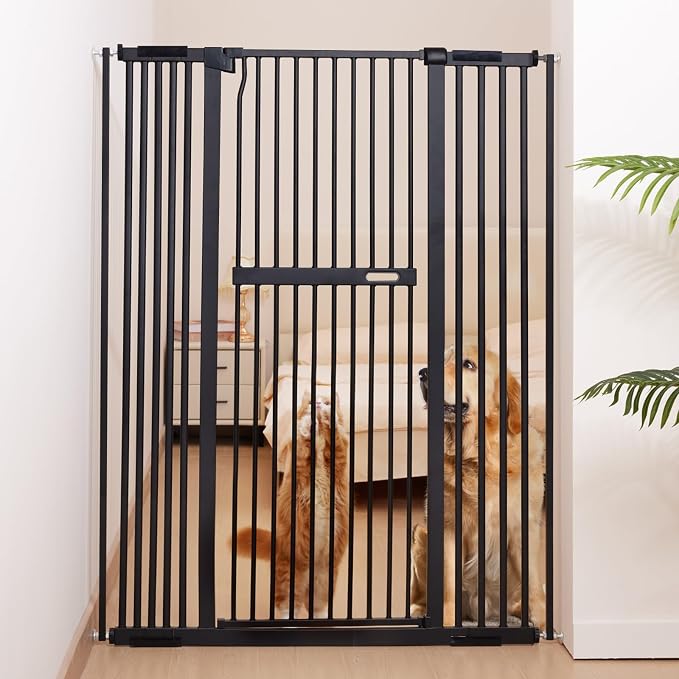 No Pawblems 55.1" Extra Tall Pet Gate, 29.9"-44.4" Wide Cat/Dog Gate, Black | No Drilling Pressure Mounted, 1.37" Narrow Bar Spacing, Auto Close Tall Cat Gate for Doorway Hallway, One-Hand Operation