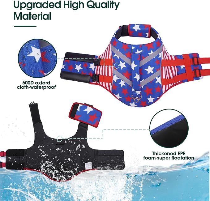 Kuoser Reflective Dog Life Jacket, Dog Life Vest for Swimming Boating | Adjustable Pet Lifejackets, High Flotation Doggie Swimsuit with Rescue Handle for Small Medium Large Dogs