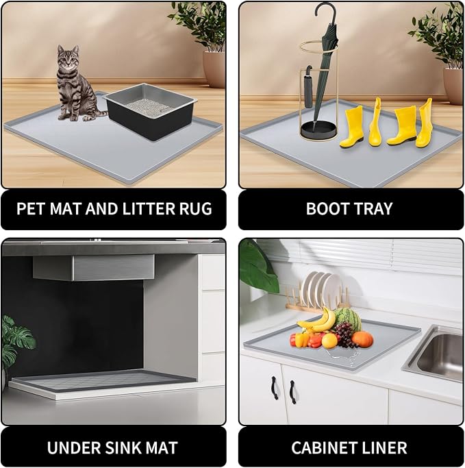 Cat Mat for Litter Box, Large 35" X 22" Cat Litter Mat, Indoor Waterproof Silicone Litter Trapping Pad for Floor, Soft on Kitty Paws, Easy to Clean, Non-Slip, Gray