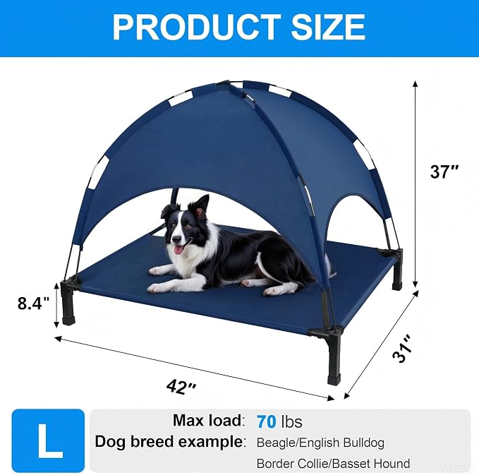 Elevated Dog Bed with Canopy, 42in Raised Pet Cot for Medium/Large Dogs up to 70lbs, Outdoor Portable Dog Tent with Removable Sun Shade & Breathable Mesh for Camping, Beach, and Backyard