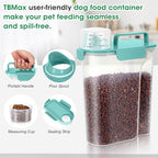 Pet Dog Cat Food Storage Container 5 to 7 lbs with Can Cover and Mixing Spoon, Airtight Travel Pet Food Storage Dispenser with Easy-pouring Spout & Cup, Kibble Dog Treat Bird Seed Container -Cyan