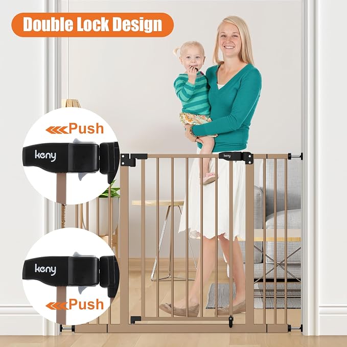 keny 29"-42.5" Baby Gate for Stairs, Auto Close Safety Dog Gate | Pressure Mounted Easy Walk Through Pet Gate for Doorways, Durable Stair Gate, 30" Tall, Brown