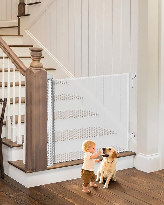 Retractable Baby Gates, 34" Tall Fits Up to 55" Wide, White | No Bottom Bar Mesh Baby & Pet Gate with Anti-Crawling Hook, One-Hand Operation, Safety Lock for Stair, Doorway,Indoor/Outdoor