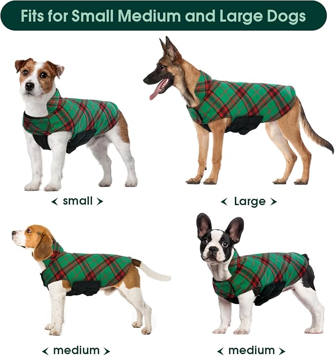 Kuoser Waterproof Dog Coat, Reversible Dog Jacket for Medium Dogs | Adjustable Durable Doggie Winter Coat Warm Puppy Cold Weather Apparel from Small to Large Breed, Xmas Green M