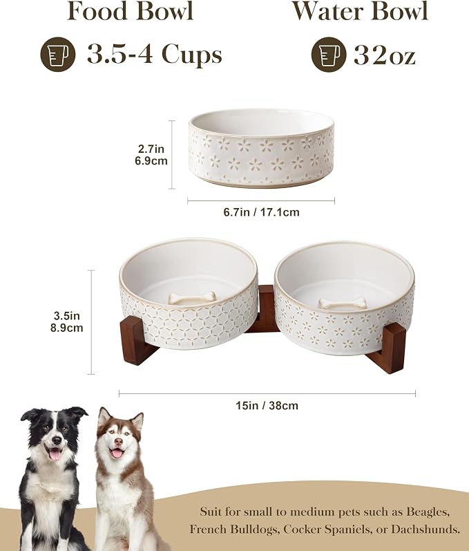 MALACASA Dog Bowl Set, Ceramic Bowls with Walnut Wood Stand, 3.5 Cups | Five-leaf grass and honeycomb design, non-slip base, for cats and dogs, about 26% heavier than similar ceramic bowls