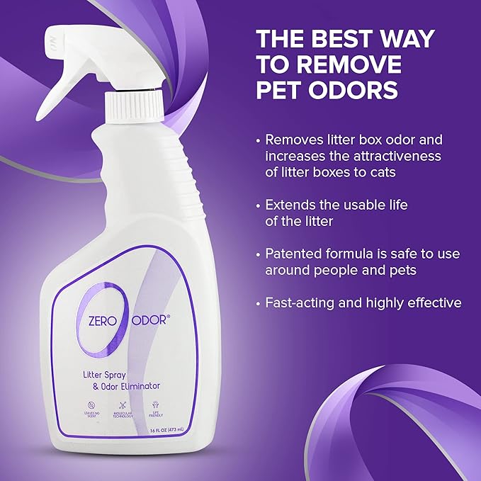 Zero Odor Litter Box Odor Eliminator Spray, Cat Litter Deodorizer, 16 oz | Cat Litter Box Deodorizer Spray, Molecular Technology - Safe for All Litter, Carpets & Rugs
