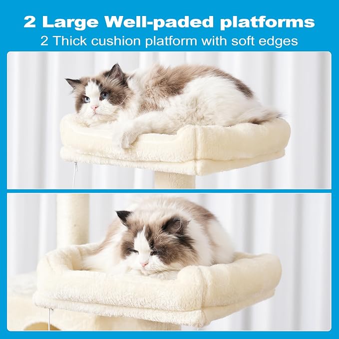 Hey-brother Cat Tree Tower with Sisal Scratching Posts, Big Condo, MPJ020M | 53.7 Inches Multi-Level Cat House with 2 Bigger Plush Condos, 2 Platforms, Hammock, Toy Balls for Indoor Cats, Beige