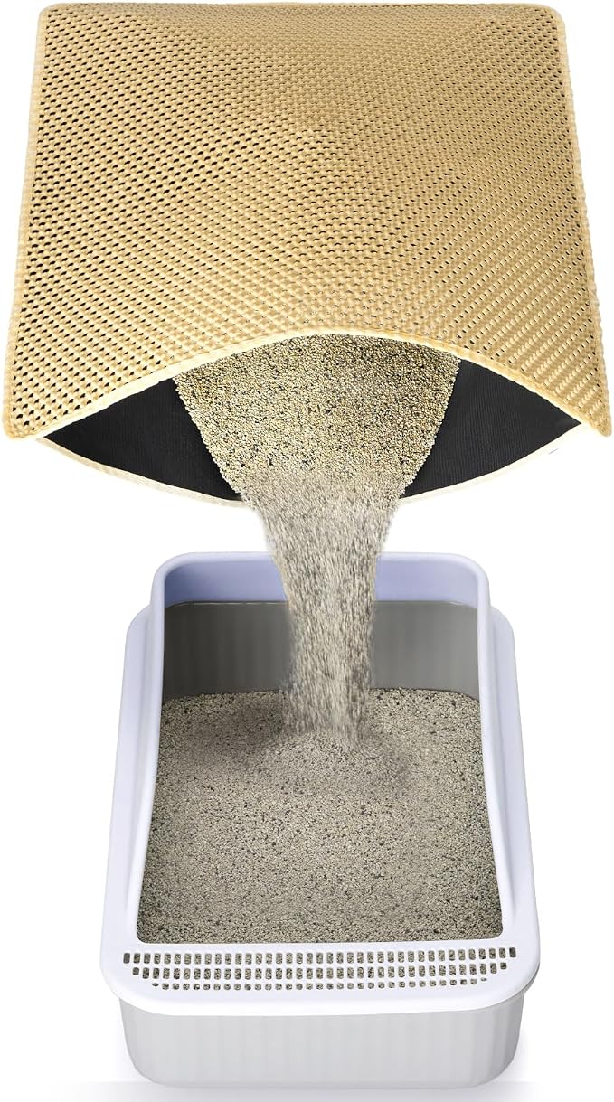 Cat Litter Mat Litter Trapping Mats, Large Kitty Litter Box Mat, 35x25in | Double-Layer Honeycomb Litter Catcher Mat to Less Mess, Waterproof and Non-Slip Bottom, Keeps Floor Clean(Khaki)