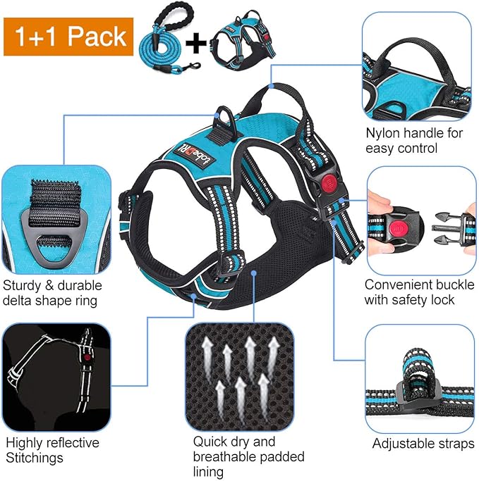 tobeDRI No Pull Dog Harness Adjustable Reflective Oxford Easy Control Medium Large Dog Harness with A Free Heavy Duty 5ft Dog Leash, Blue, M