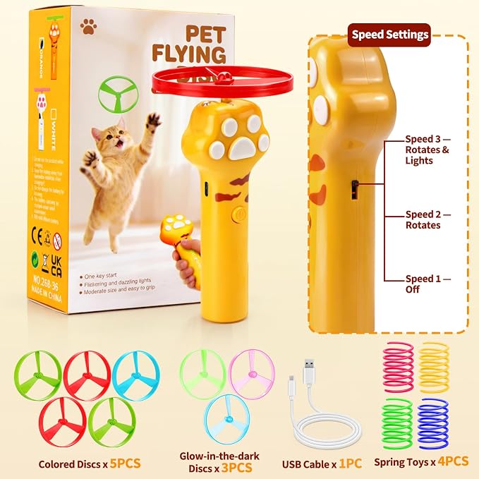 BABORUI Cat Toy Disc Launcher, Rechargeable Interactive Cat Fetch Toy Launcher with 8 Flying Discs, Flying Enrichment Toys for Indoor Bored Kittens & Adult Cats (Yellow)