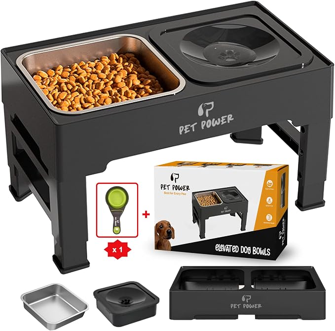 Elevated Dog Bowls, Raised Dog Bowl Stand with 4 Adjustable Heights, Stainless Steel Food Bowl & No-Spill Water Bowl – Dog Bowls Elevated for Small, Medium & Large Dogs