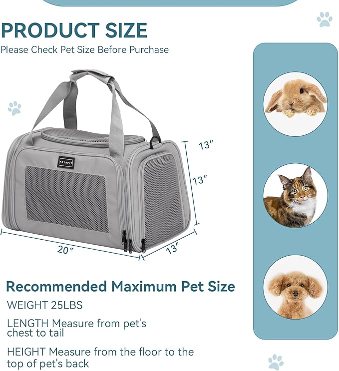 PETSFIT Dog Carrier Cat Carriers, Large, Grey