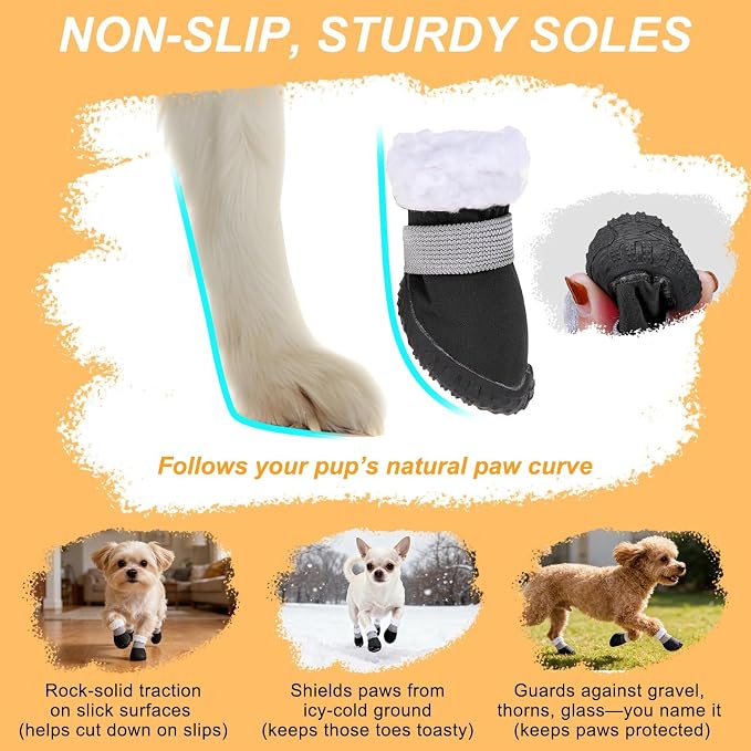BEAUTYZOO Dog Winter Boots, Waterproof Dogs Snow Shoes with Anti-Slip Sole & Warm Fleece Lining-Indoor Outdoor Paw Protectors for Small Dogs, Puppy Booties to Prevent Licking on Hardwood Floors,Size 4