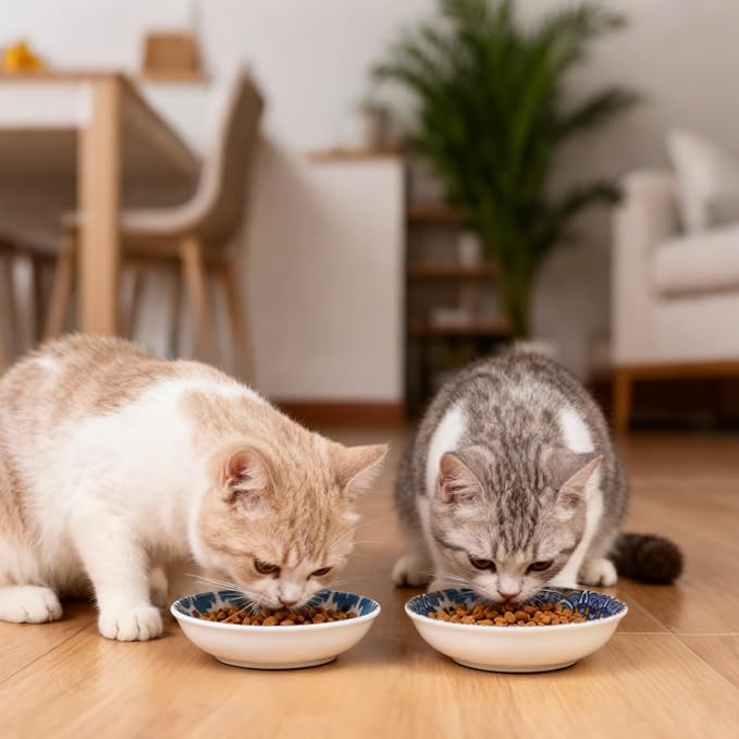 Ceramic Cat Food Bowls, 6 Pack 5.7-in Non-Slip Cat Dishes for Food, Water | Food-Safe Ceramic, Shallow Whisker-Friendly Plates For Wet Meals, Kibble, Multi-Cat Homes, Dishwasher And Microwave Safe