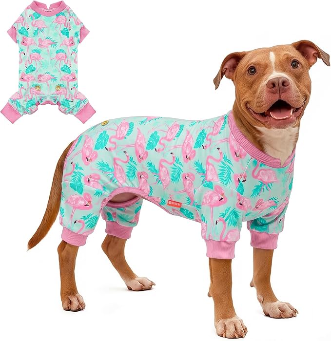 KYEESE Velvet Dog Pajamas Soft Onesie Shirt for Daily Wear, Flamingo | 4-Way Stretch, Lightweight & Breathable, Reduces Shedding, Gentle on Sensitive Skin, Recovery Support, Easy Potty Breaks