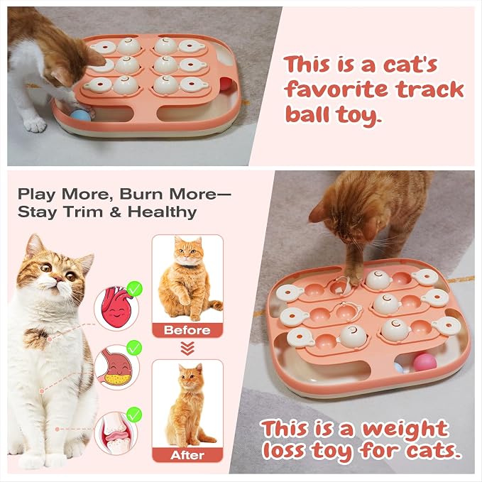 KADTC 2-in-1 Cat Puzzle Toy & Track Balls, Interactive Slow Feeder for Cats | Large Activity Board: 2 Play Modes, 2 Challenge Levels, No Loose Parts; Eases Indoor Boredom, Burns Energy, Curbs Fast Eating
