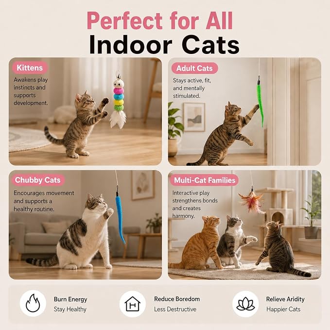 Interactive Cat Toys for Indoor Cats,Automatic Hanging Door Cat Teaser Feather Toy with 6 Accessories,2 Modes,Auto Pause & USB Rechargeable Electric Cat Chase Toy,Safe for Bored Adult Kitten-Pink