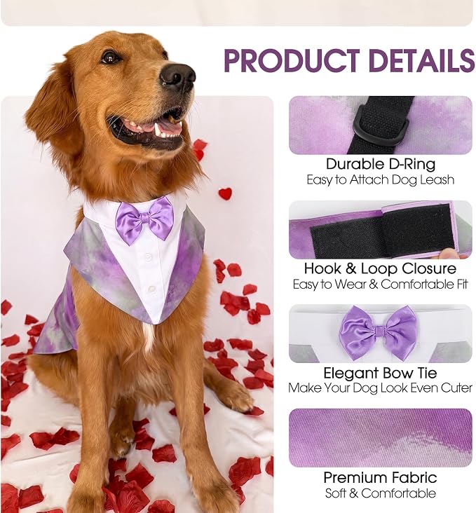 Kuoser Dog Tuxedo, Dog Suit and Bandana Set, Dogs Costume with D-Ring | Formal Dog Outfit with Detachable Bowtie Collar for Wedding, Birthday, Party, Christmas, Halloween, Purple M