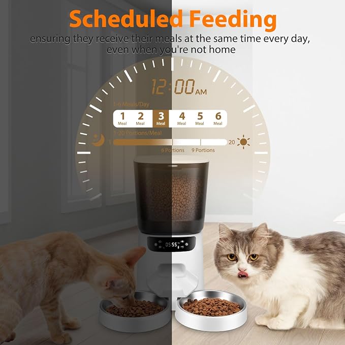 Automatic Cat Feeder and Water Fountain, 5L/20 Cups Timed Cat Dry Food Dispenser, 10s Meal Call, 20 Portions 6 Meals Per Day, 2L Cats Fountains for Drinking with Filter, Pet Feeder for Dog White