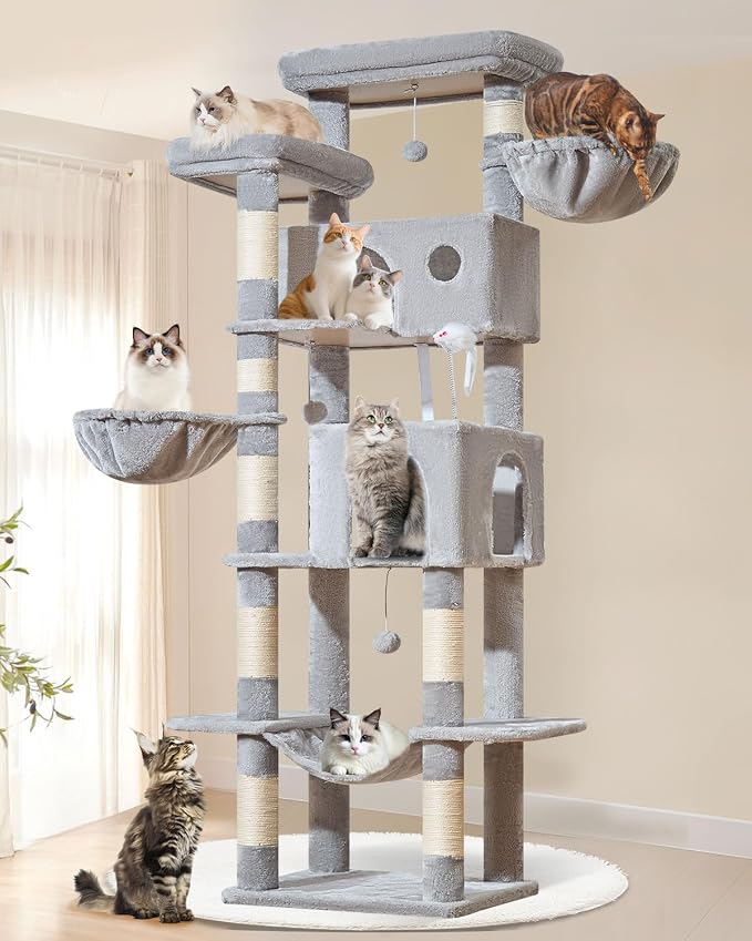 Taoqimiao 76in Cat Tree, Tall Sturdy Cat Tower for Large Indoor Cats MS046W | Easy assembly, Sturdy, Multi Level, Easy Clean, Cozy Condo, Perches, Baskets, Suitable for Kittens and Adult Cats