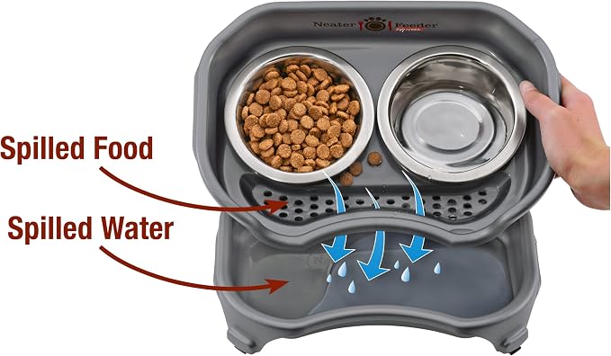 Neater Feeder Express Mess Proof Dog Bowls Elevated for Small Breed – Made in USA – No Spill Raised Slow Feeder Elevated Dog Bowl Stand, Stainless Steel Food and Water Bowl Set, Grey