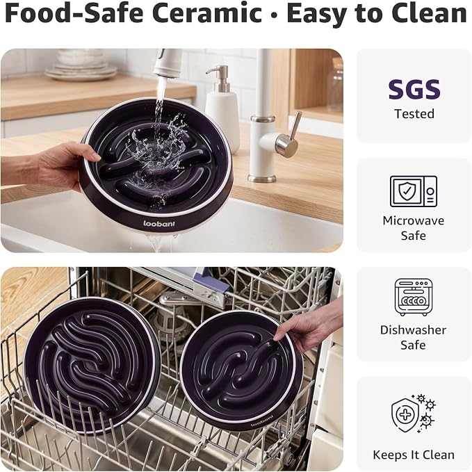 LOOBANI 3.5 Cups Ceramic Slow Feeder Dog Bowls Large Dogs with Grip Handles | Heavy Ceramic, Stay in Place, Healthier Eating, Durable & Easy-Clean, Foam-Protected, Perfect for Fast-Eating Large Breeds