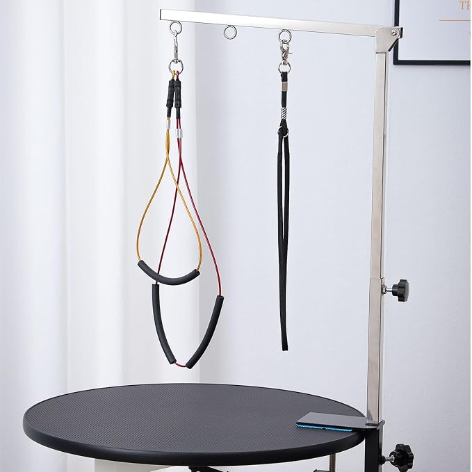 Dog Grooming Table Arm with Hammock - Adjustable Height, Pet Grooming Hammock, No Sit Haunch Holders, Loop Noose Heavy-Duty Clamp (Stainless Steel)