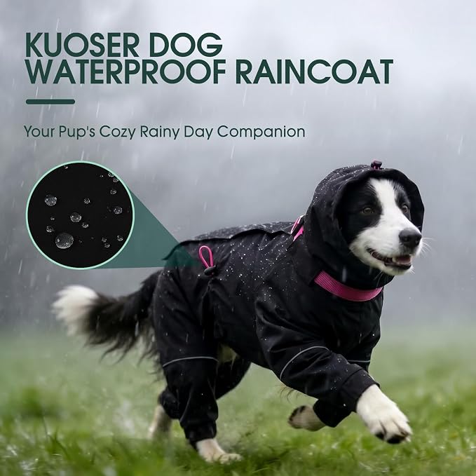 Kouser Waterproof Full-Body Coverage Dog Raincoat, Black 3XL | Dog Raincoat with Reflective Stripes, Adjustable Dog Rain Jacket with Leash D-Ring, Hooded Poncho for Small Medium Large Dogs