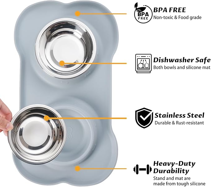 Hubulk Pet Dog Bowls 2 Stainless Steel Dog Bowl with No Spill Non-Skid Silicone Mat + Pet Food Scoop Water and Food Feeder Bowls for Feeding Small Medium Large Dogs Cats Puppies (Extra Large, Gray)