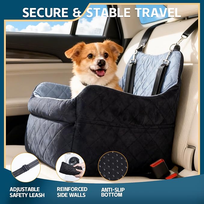 Dog Car Seat for Small Dogs, Elevated Booster Seat with Leash | Washable Pet Travel Bed with Anti-Slip Base, Cozy Padded Car Seat for Dogs Up to 30 lbs, Secure & Comfortable Road Trips